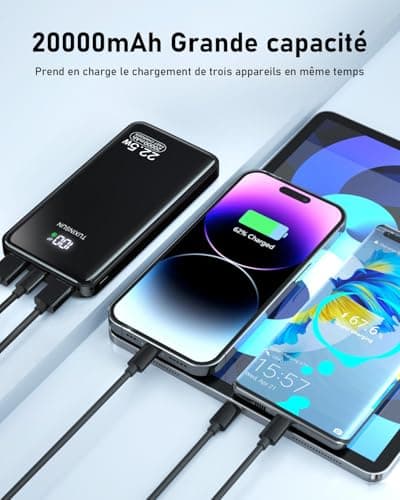 Power Bank 20000 mAh 22,5 W Banque de puissance à charge rapide PD3.0 QC4.0 Batterie externe de téléphone portable avec écran LCD Sorties et entrées USB C Chargeur portable pour smartphones Smartwatch