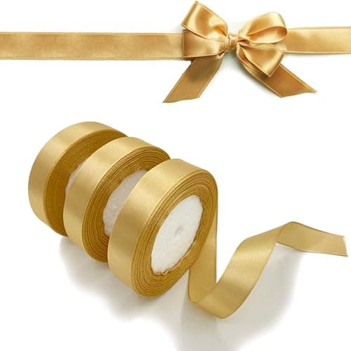 LLMtn 66 Mètres Lot de 3 Rouleaux de Ruban de Satin Doré 2 cm x 22 m pour Décoration de Cadeau de Mariage, de Baptême et d'Anniversaire