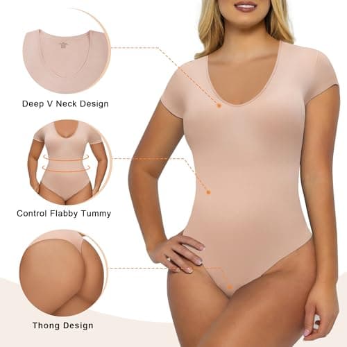 SHAPERX Gaine Ventre Plat Femme Body Sculptant Combinaison Gainante Invisible Shapewear Bodysuit T-shirt Manche Courte Top, UK-SZ5294-Sand-2XL/3XL