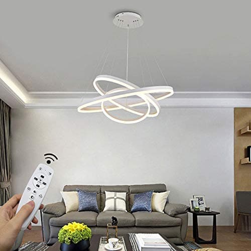 STARRYOL Suspension LED Moderne, Collection 3 Anneaux Peinture Blanche, Lustre Suspendu Réglable Plafonnier Contemporain, Dimmable 2700K - 6500K, avec Télécommande - 78W