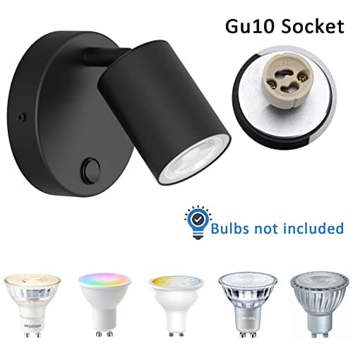 Kligthten 2x Applique Murale Interieur, GU10 Noir Spot Mural, Lampe Murale Orientables 350° avec Bouton, Moderne Plafonnier Spot de Plafond Aluminium, pour Chambre Salon Cuisine, Sans Ampoule