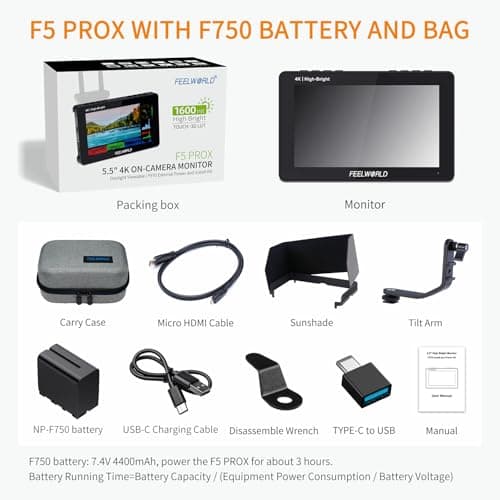FEELWORLD F5PROX Caméra Moniteur de Terrain Écran Tactile 1600Nit 5,5 Pouces 4K HDMI DSLR Video Camera Monitor avec Batterie F750 Sacoche pour caméra Entrée de Type C 3DLUT Focus Peaking Histogramme