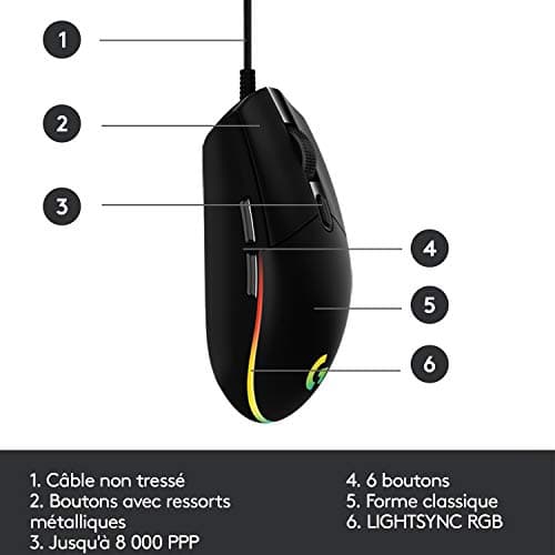 Logitech G203 LIGHTSYNC USB Souris Gaming avec Éclairage RVB Personnalisable, 6 Boutons Programmables, Capteur Niveau Gaming, 8 000 PPP, Ultra-Léger - Noire