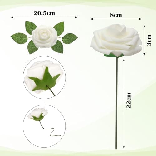 ilauke 30 Rose Blanche Artificielle avec Tiges et Carte,Roses en Mousse en Vrac 8cm Fausses Fleurs Rose pour Toucher Réaliste,Bouquet de Fleurs Artificielles avec Feuilles pour Centre de Table Mariage