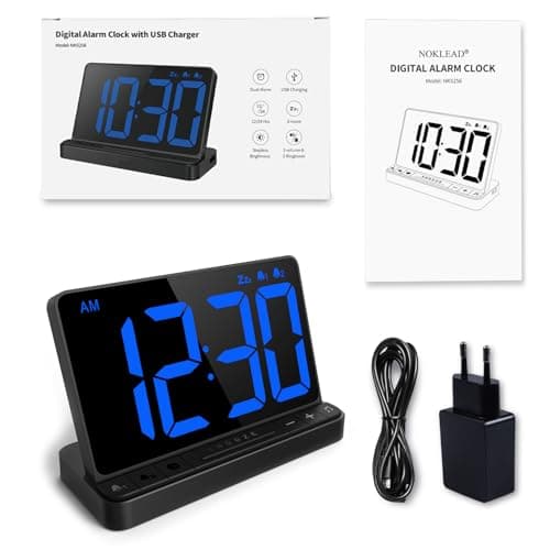 NOKLEAD Numérique Réveil - Horloge Digitale de Chevet avec 5 Sons, variateur Complet, Volume d'alarme réglable, Horloge numérique avec d'adaptateur USB, Grand Chiffre LED de 6,5 po, Snooze et 12/24hr