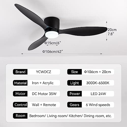 Ø106 cm Ventilateurs de Plafond avec Lampe Intégrée, Moteur DC Réversible, Plafonnier Ventilateur avec Telecommande Silencieux 6 Vitesses, 3 CCT, Luminaire Ventilateur pour Chambre, Salon, Blanc