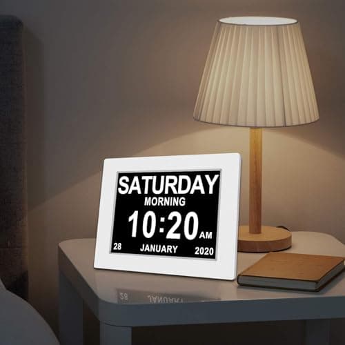XAYKEN 7" Pouce LCD Horloge Numérique Calendrier avec Date Jour Et Heure Non-Abrégée Auto Dimming 8 Langues HD Display Rappel pour Alzheimer Les Personnes âgées et Les Enfants Noir