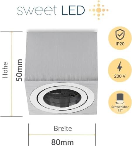 Sweet Led Set de 4 spots de plafond LED plats 50 mm Spot en aluminium brossé carré Spots LED à poser orientables 80 x 80 mm Plafonnier 230Volt
