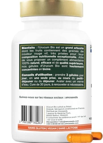 Urucum BIO | Soleil, Bronzage | Haute Concentration, 1% bixine | 100% Naturel et Vegan | 90 gélules | Fabriqué en France | Qualité Supérieure