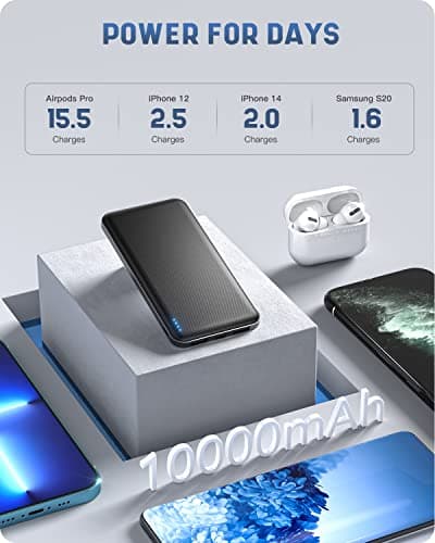 Batterie Externe, Power Bank 10000mah Ultra Mince Lumière, Batterie Externe Charge Rapide USB C Sortie/Entrée (3.0A) et 2 Ports USB Sortie, Chargeur Portable Compatible avec iphone 14 Samsung Airpods