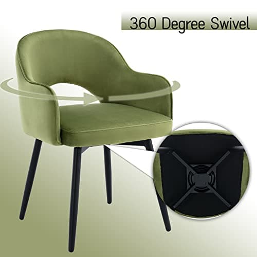 Wahson Chaise Salle a Manger en Velours, Lot de 2 Chaises avec Coussin Pivotant, Chaise de Salon Pied Métal Fauteuil pour Cuisine et Maison, Vert