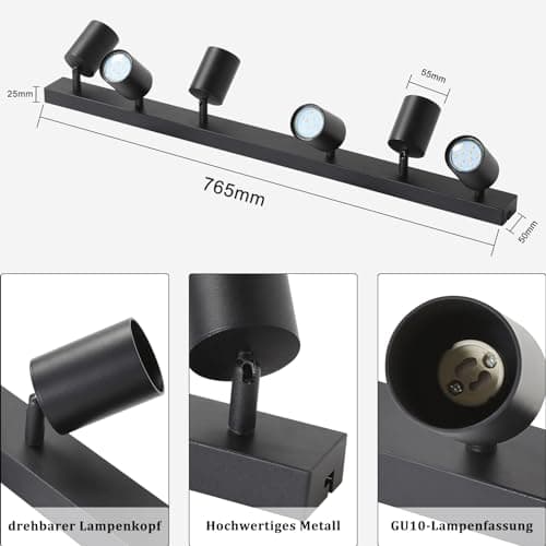 ZMH Plafonnier LED Spot de Plafond Noir : Plafonnier GU10 Spots 6 Ampoules, Spots de Plafond Orientables à 330°, Lampe de Couloir Moderne, Spot Mural Industriel pour Salon, Chambre, sans Ampoule
