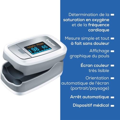Beurer PO 30 - Oxymètre de pouls digital pour la mesure de la saturation en oxygène dans le sang et le pouls, 61 x 36 x 32 mm, 57 gr, blanc et argent