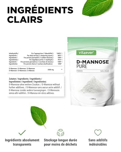 Poudre de D-mannose - 250 g - (4,1 mois d'approvisionnement) - Issu de la fermentation végétale - Pur & naturel - Sans additif - Vegan