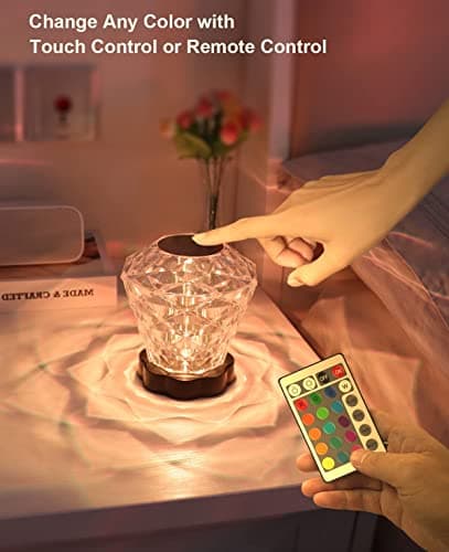 Les-Theresa Lampe de Table en Cristal Diamant, 16 Couleurs Lampe De Chevet Tactile En Cristal Avec Télécommande 4 Modes USB Dimmable LED Lampe de Chevet Pour Chambre Salon Fête (Lampe en Diamant)
