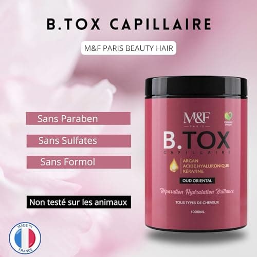 M&F Paris - B.TOX Capillaire Professionnel, Masque à la Kératine, Argan, Acide hyaluronique, Sans Sulfates, Parabènes Formol, Masque Hydratant, Réparateur, Lissant, Soin Tous Types de Cheveux, 1000 ml
