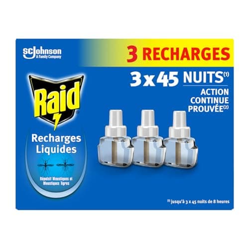 Raid Recharges Liquides Pour Diffuseur Electrique Répulsif Moustiques Et Moustiques Tigres - 3x45 nuits – 3 Recharges 3x32ml