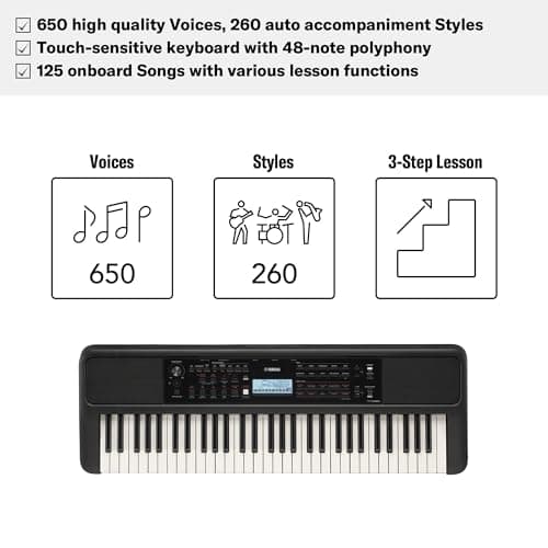 Yamaha PSR-E383 Clavier portable pour débutants, 650 voix d'instruments authentiques avec touches tactiles et une polyphonie de 48 notes