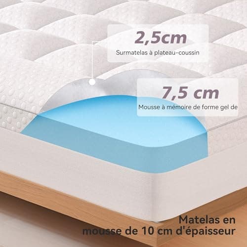Surmatelas en mousse à mémoire de forme 180 x 200 cm, hauteur 10 cm, avec 4 bandes antidérapantes, deux niveaux de dureté H2 certifié Oeko-TEX®