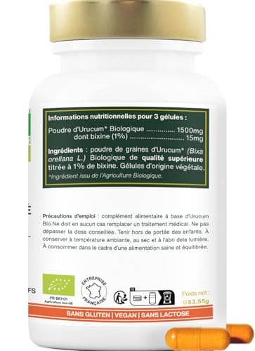 Urucum BIO | Soleil, Bronzage | Haute Concentration, 1% bixine | 100% Naturel et Vegan | 90 gélules | Fabriqué en France | Qualité Supérieure