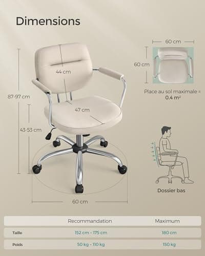 SONGMICS Chaise de Bureau, Chaise pivotante, Chaise de Bureau, Ergonomique, accoudoirs individuels, Fonction d'inclinaison, Hauteur réglable, Chambre à Coucher, Bureau, Beige Cappuccino OBG033W01
