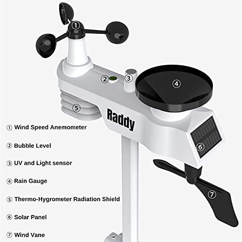 Raddy WF-100C Station météo avec capteur extérieur sans fil, thermomètre intérieur extérieur WiFi 14 en 1 avec écran couleur numérique de 8 pouces, anémomètre, pluviomètre, capteur solaire