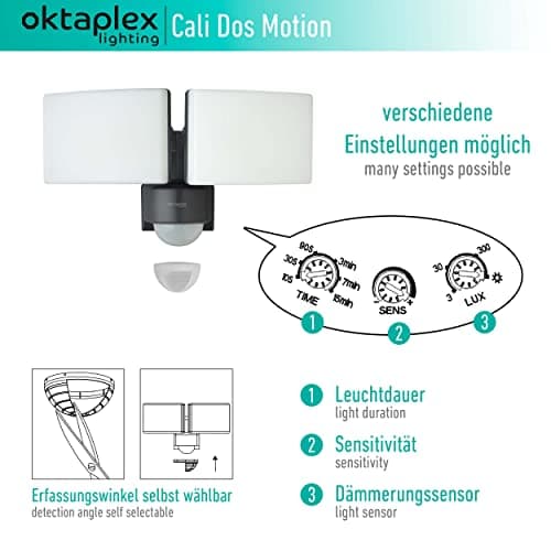 Oktaplex Lighting Spot LED avec détecteur de mouvement extérieur Cali Dos Motion - IP65 - Deux têtes 40 W 3000 K - Blanc chaud - Projecteur extérieur anthracite avec fonction maître