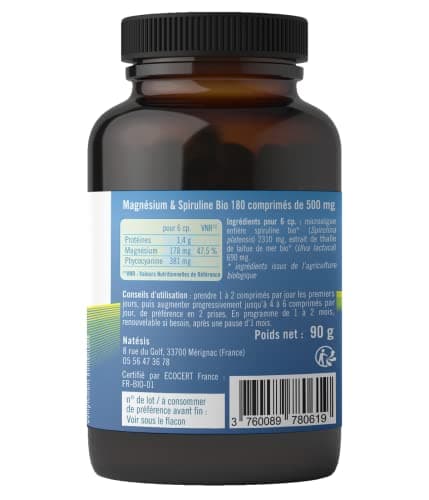 Natésis - Magnésium & Spiruline Bio COMPLEXE UNIQUE ANTI FATIGUE - Superaliment, énergie, immunité, sport - 180 comprimés