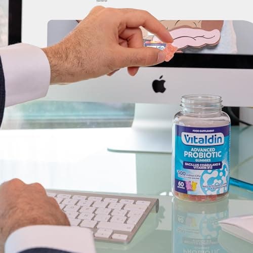 VITALDIN Probiotique Gummies – 500 millions d ́UFC de Bacillus Coagulans par dose + Vitamine B12 – 60 Gommes (pour 1 mois); saveur de Fruits – Flore Intestinale – pour Enfants et Adultes