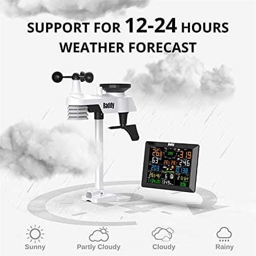 Raddy WF-100C Station météo avec capteur extérieur sans fil, thermomètre intérieur extérieur WiFi 14 en 1 avec écran couleur numérique de 8 pouces, anémomètre, pluviomètre, capteur solaire