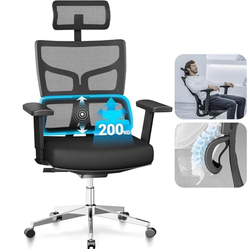 MELOKEA Fauteuil Bureau 200 KG, Personnes de Grande Taille (165-202 cm), Verrouillage à 3 Positions, Accoudoirs 3D Extra-Larges, Support Lombaire Dynamique, Chaise de Bureau XXL 200 KG, Norme EN 12520