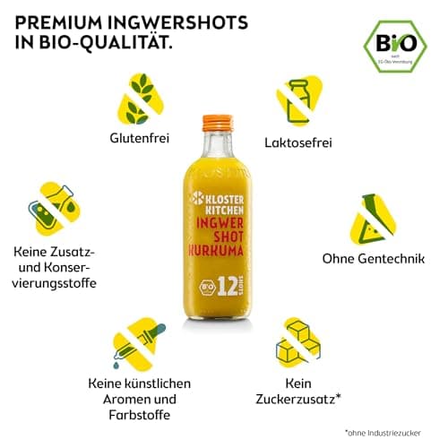 Kloster Kitchen Bio gingembre Shot curcuma, 12 SHOTS à 360 ml avec morceaux de gingembre, Shots de gingembre au curcuma en bouteille en verre, végétalien (incl. 0,25€ de caution consigne)