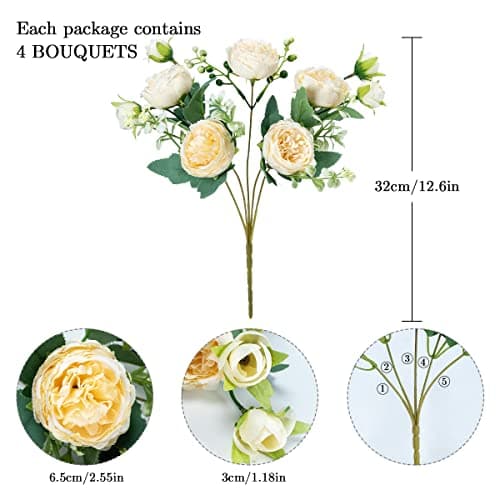 Hobyhoon Lot de 4 Bouquets de pivoines artificielles pour décoration de Vase, Mariage, décoration d'intérieur (Beige)