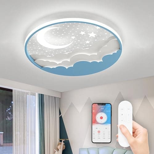 Plafonnier LED Chambre Enfant, Moderne Créative Étoile Et Lune Lampe De Plafond, Lampe Plafond avec Dimmable Télécommande 3000-6000K, Garçons Et Filles Chambre Enfants Lumière Éclairage, Bleu