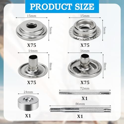 HEKOBAG 300 Pièces Boutons Pression en Métal, 15mm Kit de Fixation Bouton Pression, Boutons Pression à Coudre avec Outils en Métal, Pression Metal Couture pour Jeans, Vêtements, Sacs, Cuir, Artisanat