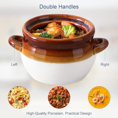LOVECASA Lot de 4 Bols à Soupe à l'Oignon Français avec Poignée | 780ml | Pot à Soupe en Porcelaine pour Céréales, Ragoût de Bœuf, Pâtes, Tartes aux Casseroles | Compatible au Micro-ondes et Four