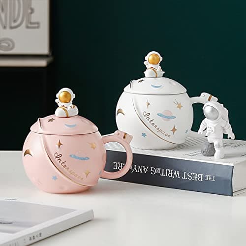 ZMHQLPDZ Mug humoristique pour femme, 450 ml, motif astronaute mignon avec couvercle et cuillère, tasse Kawaii fantaisie pour café, thé et lait, tasse cadeau (rose)