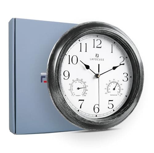 Lafocuse 30cm Horloge Murale Exterieure Etanche avec Thermomètre et Hygromètre, Vintage Noir Pendule Murale Retro, Silencieuse Shabby Chic Deco pour Extérieur, Jardin, Balcon, Salle de Bain, Cuisine