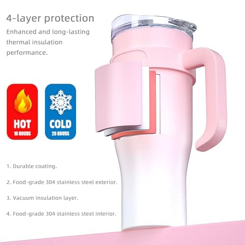 DAYMOO Mug isotherme avec paille et Poignée, Gobelet avec Paille et Couvercle, Tasse Thermos en Acier Inoxydable, Thermos Café Mug avec Couvercle, asse de Voyage Chaud ou Froid - 1.2 L, Rose Blanc