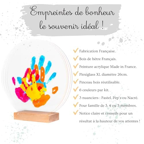 Patrocle Empreintes de Bonheur - Kit Empreinte Famille de 4 Peps - Coffret Naissance - Empreintes mains et pieds - Fête des Mères - Support bois - Made in France - 4 plexiglas