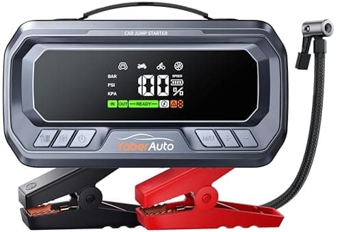 Booster Batterie Voiture avec Compresseur 6000A 160PSI YaberAuto Booster Batterie Moto avec 65W Charge Rapide (Tous Gaz/12,0L Diesel),Démarreur avec Gonfleur,Câble Rallongé,Grand Écran et Lumière LED