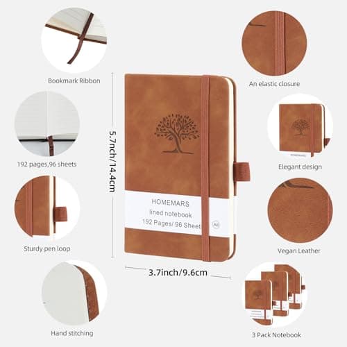 HOMEMARS Carnet de Notes, Petit Carnet, Petit Cahier, 3 Paquet, Cahier de Note, Carnet de Voyage, 14.4 cmx9.6cm, Marron, 192 Pages Chacune, Couverture Rigide, Motif d'arbre en Relief, Cuir végétalien