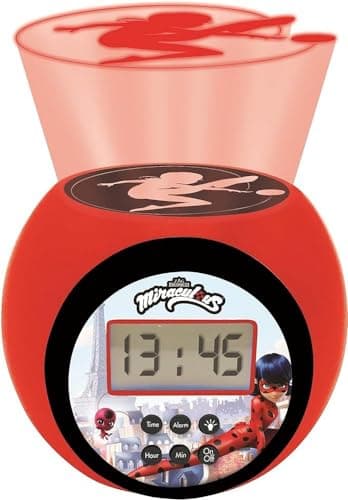 Lexibook- Réveil projecteur Miraculous avec Fonction Alarme et répétition Snooze, veilleuse avec minuterie, écran LCD, à Piles, Rouge/Noir, RL977MI