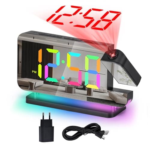 U-picks Réveil Numérique,Réveil avec Projection,Horloge Miroir LED de 7,4" projecteur rotatif à 180°affichage numérique 11 Color RVB,Veilleuse 10 color,Horloge de table numérique à 5 niveaux de Volume