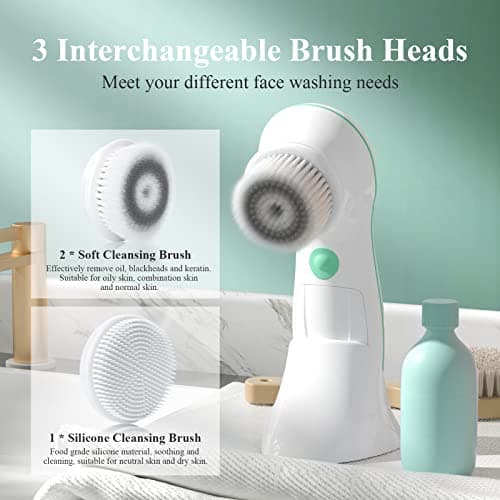 Brosse Nettoyante Visage Electrique, TOUCHBeauty Appareil de Nettoyage Visage avec 3 Têtes et 2 Réglages de Vitesse,Nettoyage en Profondeur/Exfoliation/Massage AG-0759D(Blanc)