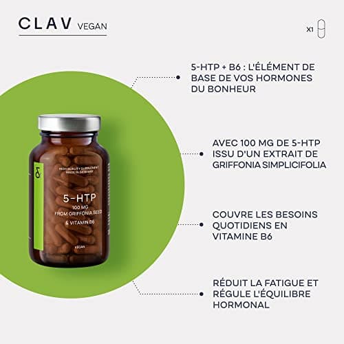 Griffonia 5HTP Complexe - Extra Fort avec 100mg pur 5 HTP per Gelule + Vitamin B6-120 Nootropic Capsules - Diminue Stress & Anxiété - Extrait de Graines de Griffonia Simplicifolia