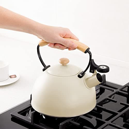 Navaris Bouilloire sifflante inox 2,3 L - Théière thé eau chaude plaques à induction - Théière design vintage avec poignée bois