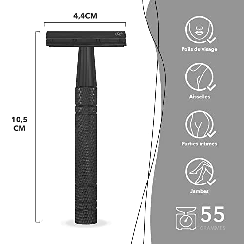 Bamboozy Rasoir de Sureté Kit de Démarrage - Set de Rasage avec 20 Lames, Savon de Rasage et Blaireau de Rasage - Aluminium - Sans Plastique & Zéro Déchet - Rasoir à Double Tranchant (Noir)