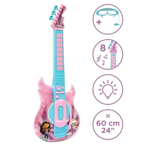 Lexibook, Gabby et la Maison Magique, Guitare électronique avec Micro et Lunettes pour Chanter avec Style, 2 Modes de Jeu, Mélodies de démonstration, Effets Lumineux, Rose/Bleu, K260GDH