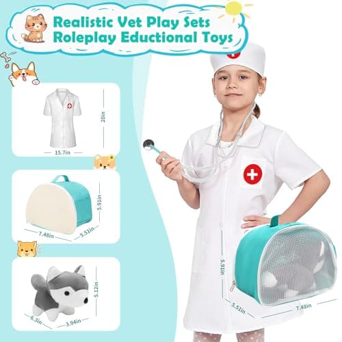 TGTT Castle Malette Docteur Enfant, Vétérinaire Enfant en Bois, Malette Docteur avec Chien la Peluche, Docteur avec Robe de Médecin et Chapeau, pour Fille Garcon 3+ Ans